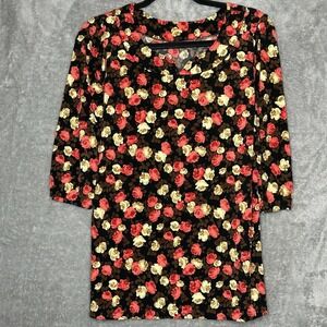 Amazon Top Blouse Womens Large Gold Red Floral Flower 3/4 Sleeve V Neck Stretch